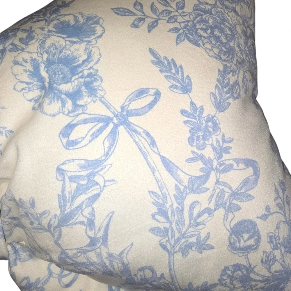 Envogue Blue Floral Toile Pattern Decor Bow‎ Pillow Viral Coquette Cottagecore